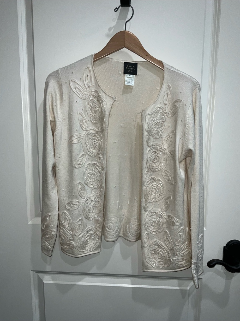 Susan Bristol Cream Embroidered Open-Front Cardigan